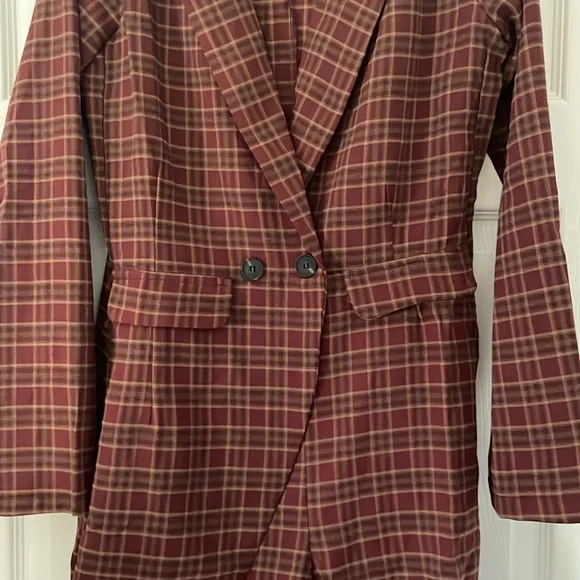 Women’s Maroon Plaid Double-Breasted Blazer Romper - Picture 4 of 10